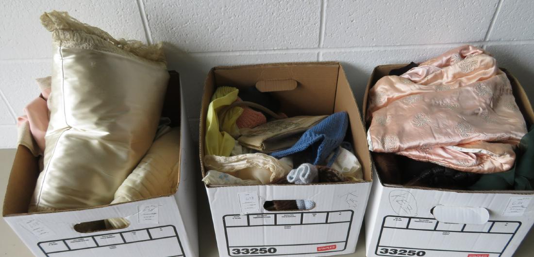 Three boxes of miscellaneous lady's articles including: Three boxes of miscellaneous lady's articles including a signed France needlepoint hand bag decorated with French lady's and gentleman, Andrew Geller alligator style shoes, leather gloves, mink wrap, 