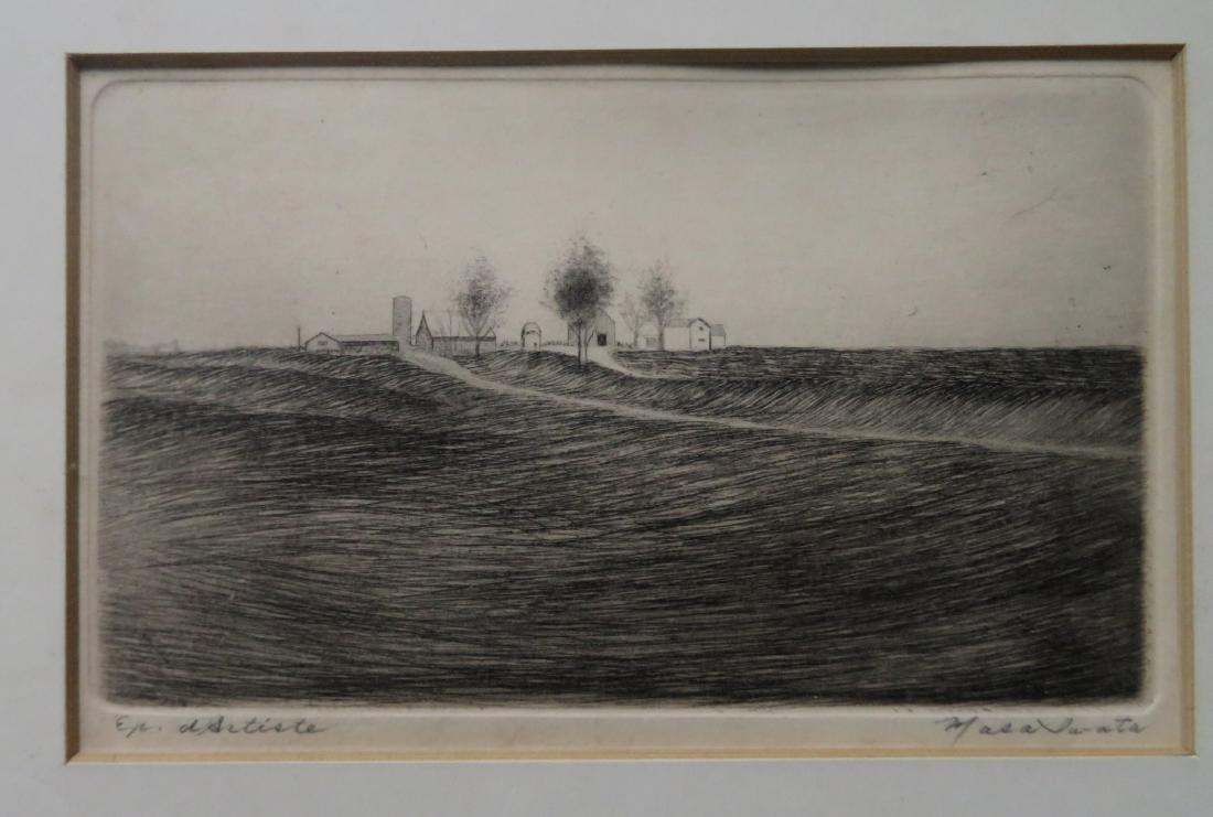 Etching of an isolated farm with several trees, pencil (1 of 2)