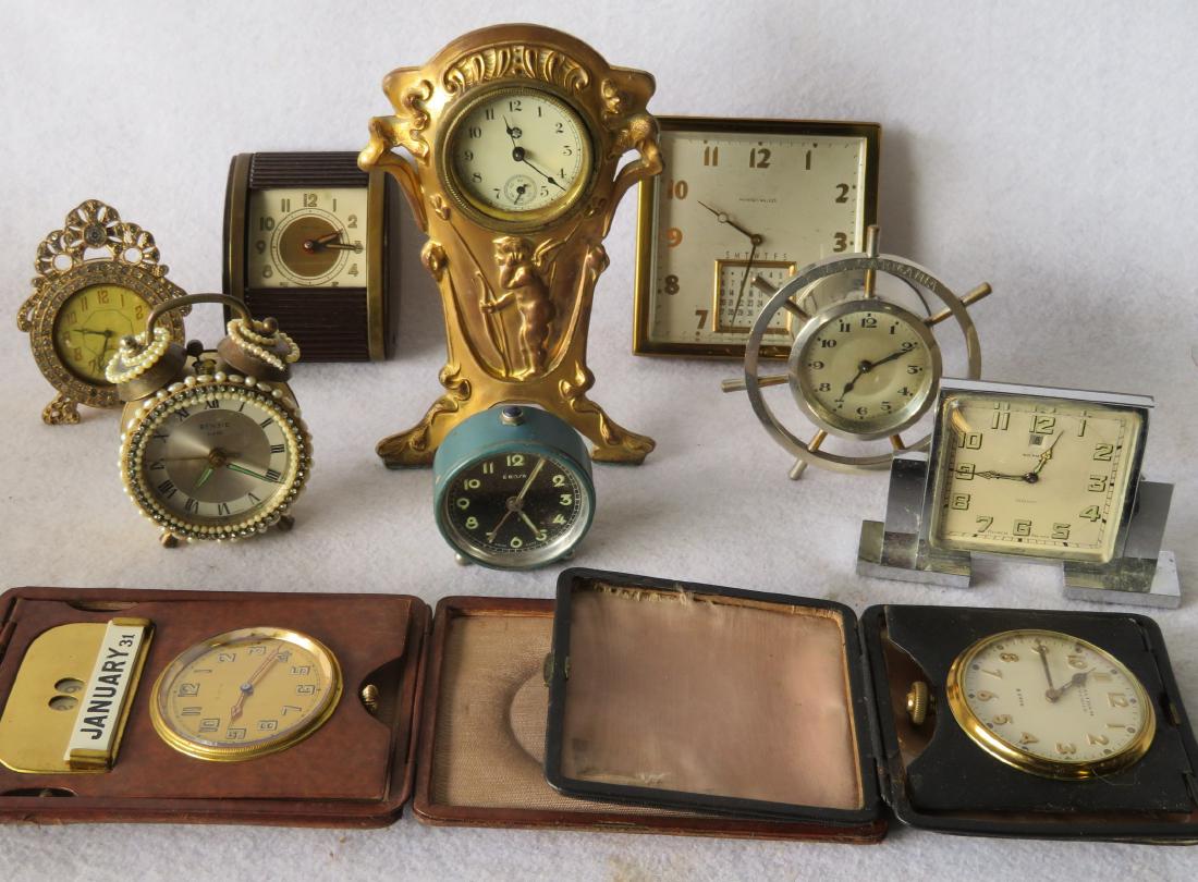 Grouping of 10 dresser and traveling clocks including 8 (1 of 7)