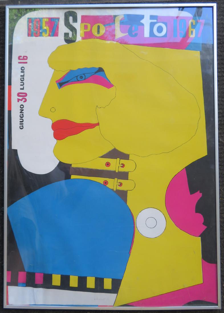 Vintage modernistic pop poster entitled "1957 Spoleto: Vintage modernistic pop poster entitled "1957 Spoleto 1967" by Richard Lindner, German/American 1901-1978. Pencil signed by R. Lindner 33/100. Framed within Plexiglas. Very good condition. Poster size