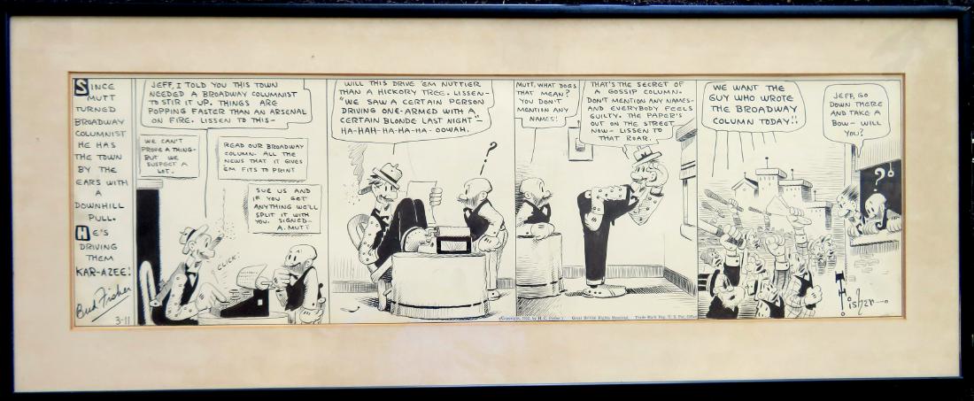 Bud Fisher illustration - Mutt & Jeff original pen and: Bud Fisher illustration - Mutt & Jeff original pen and ink comic strip "Copyright, 1932, by H.C. Fisher". Bud (Harry Conway) Fisher - New York, Illinois 1885-1954. The artwork is framed and matted in