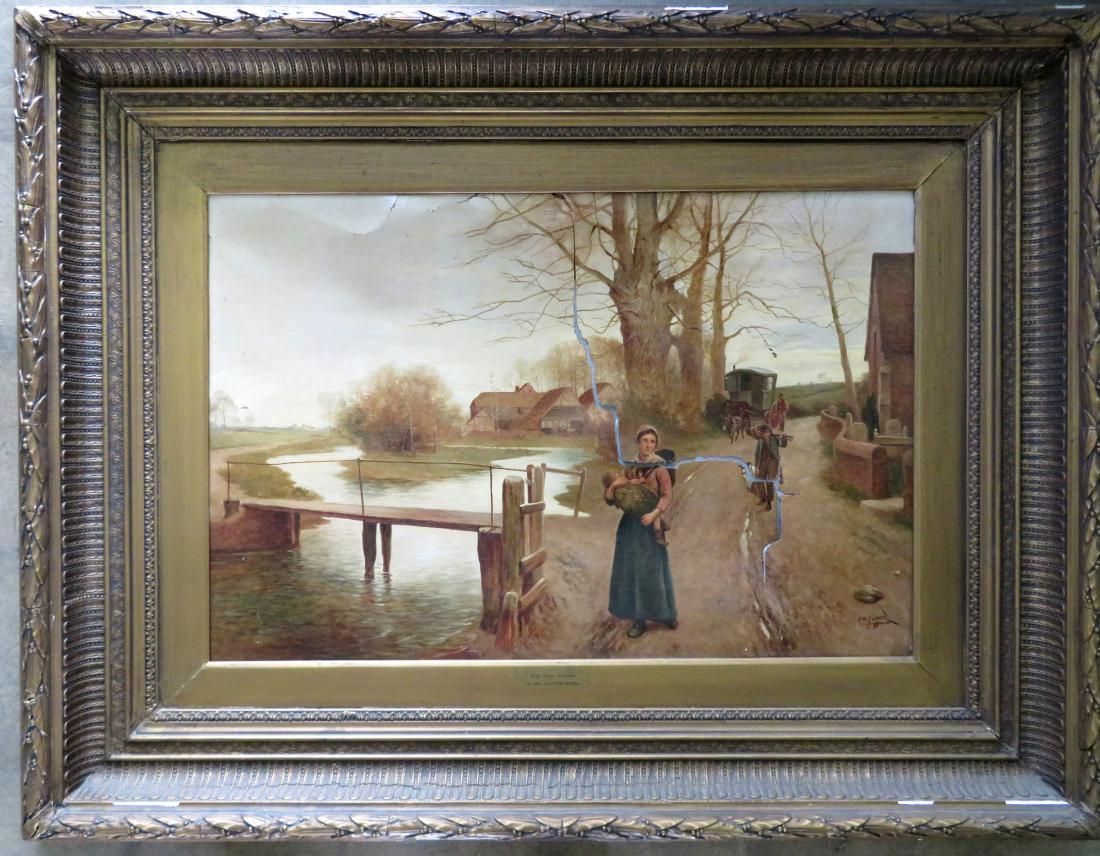 James Walter Gozzard, British 1888-1950. Large O/C: James Walter Gozzard, British 1888-1950. Large O/C genre scene entitled "By The River" signed J.W. Gozzard. Scene depicts a mother holding child near bridge over river in the foreground and with a far