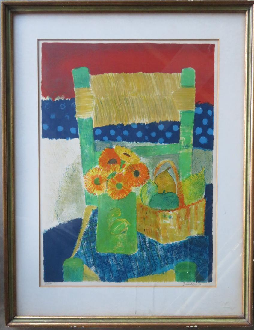 Guy Bardone, French 1927-2015. Colorful modernistic: Guy Bardone, French 1927-2015. Colorful modernistic lithograph of flowers and fruit on table - limited edition 24/200 - pencil signed "Bardone 71" LR. Professionally framed and matted. Very good condi