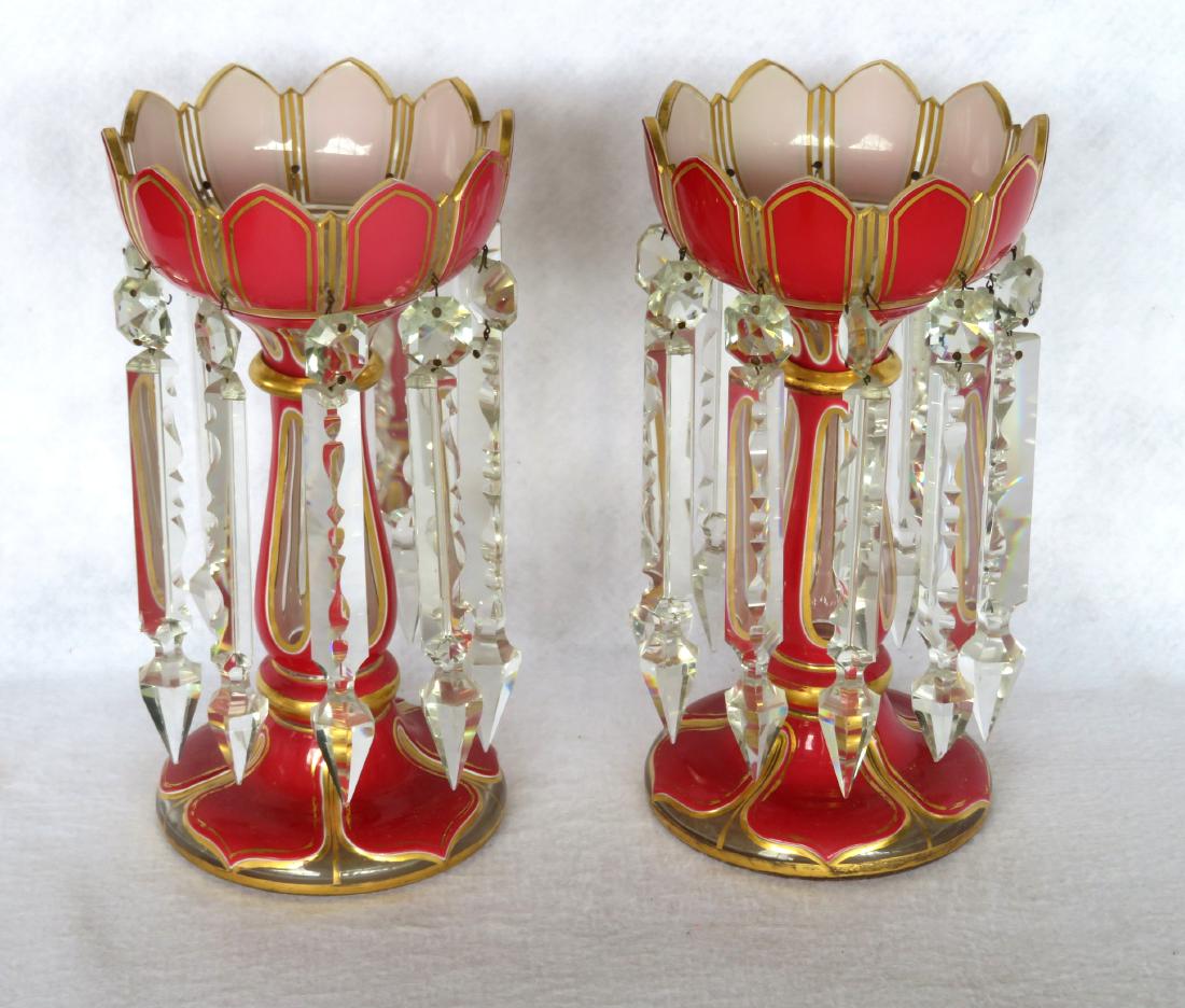 Pair of 19th century mantle lusters - 10.5"H x 5.5"D -: Pair of 19th century mantle lusters - 10.5"H x 5.5"D - missing hanging crystal, several others with chips, otherwise good condition.