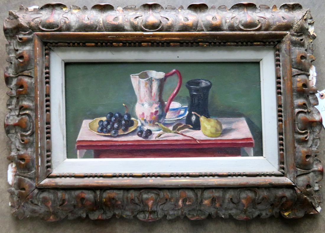 O/B Still life of fruit on table mounted in a wide Arts: O/B Still life of fruit on table mounted in a wide Arts & Crafts frame with original gilt over gesso. The unsigned painting in very good condition - size within frame 20" x 10.5 - overall frame size 2