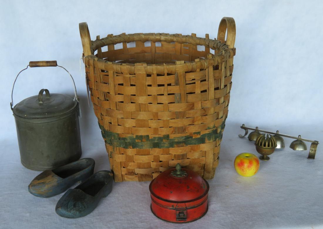 Grouping of country items including: Large splint: Grouping of country items including: Large splint double handle field basket with hand painted green splint around perimeter - size 18.25"H x 18"D - very good condition; small tin spice canister with 