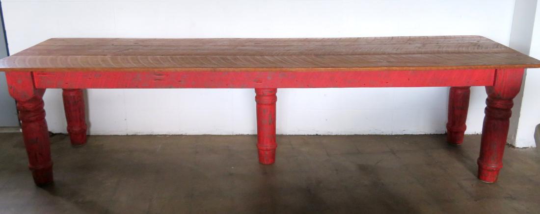 Custom made 10' primitive style farm table.: Custom made country primitive style farm table with bulbous turned legs, and scrubbed pine top, probably made from 19th century furniture wood, and top appears to be made from 19th century floor board