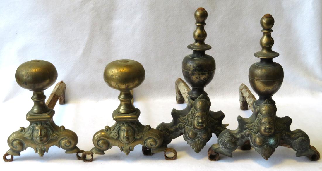 Two pair of early French ball top brass andirons: Two pair of early French ball top brass andirons including: 1) Faces on the front side and scrolled legs 10"H - very good condition - 18th century; 2) Turned finials over a queen's face with exposed b