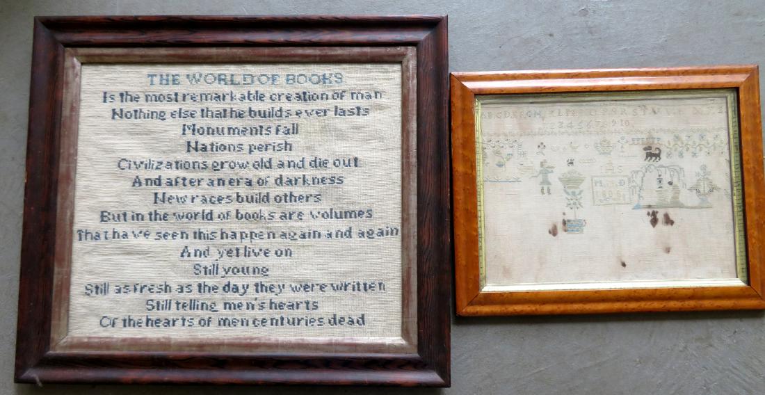 Two textiles including a sampler dated 1808 decorated: Two textiles including a sampler dated 1808 decorated with a mourning scene, birds, flowers and children - bottom portion appear unfinished - sight size 15 1/2" x 11" - framed with a period birdseye m