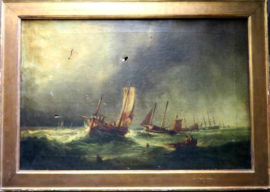 O/C Grouping of schooners lined up off shoreline in: Ralph Reuben Stubbs - British 1823–1879. O/C Grouping of schooners lined up off shoreline in rough seas, signed R. Stubbs 1855. Several small holes - original canvas that needs cleaning. Appears to 