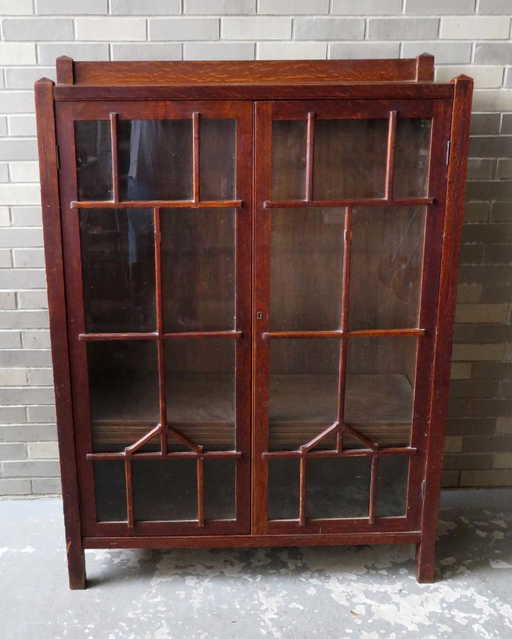 Mission Style Oak Bookcase With 2 Glass Doors