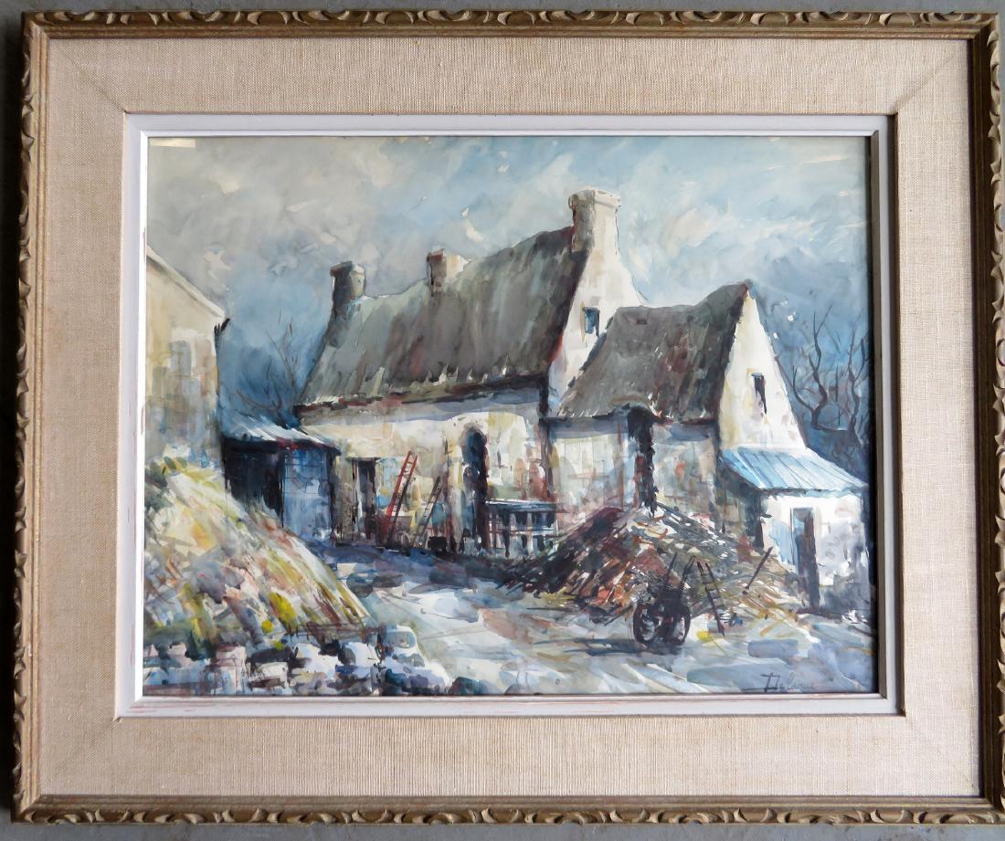 W/C Colonial farmhouse with hay wagon out front signed: W/C Colonial farmhouse with hay wagon out front signed Delarue (Luciene Delarue, French 1925-2011). Very good condition. Triple matted in original frame, circa 1950. Sight size 19" x 25".