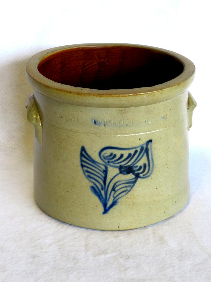 Stoneware 1 gallon crock decorated with a blue flower