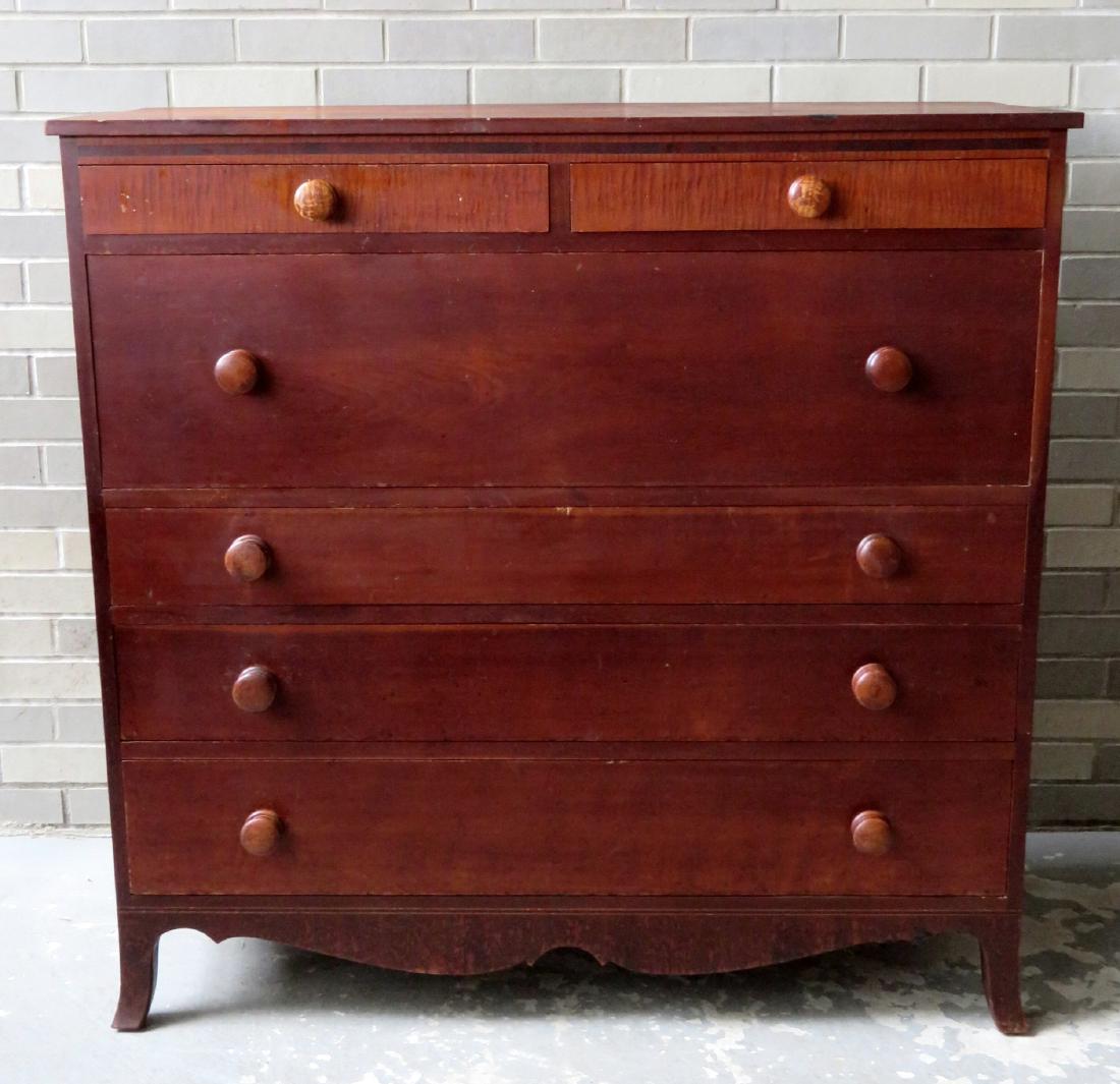 Hepplewhite chest of drawers in cherrywood having 2: Hepplewhite chest of drawers in cherrywood having 2 short tiger maple drawers over 1 large deep drawer over 3 graduated drawers on French feet - line inlay around base. Circa 1800. Some staining (prob