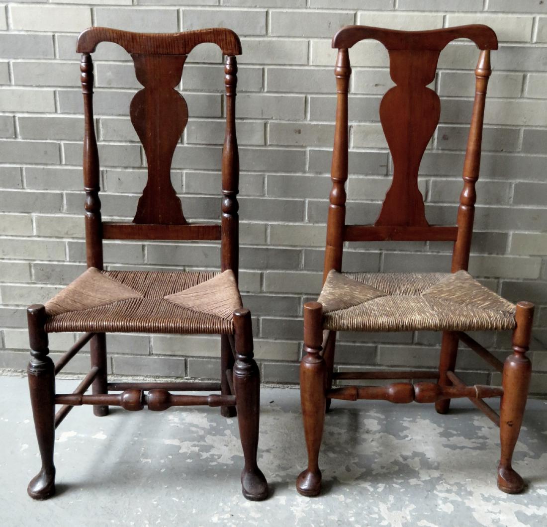 Two Queen Ann side chairs, having bulbous cross: Two Queen Ann side chairs, having bulbous cross stretchers and Dutch feet. Mid 18th century. One with tiger maple crest and replaced faux rush (rope) woven seat, the other with an old rush seat. Both 