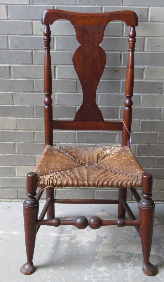Queen Ann side chairs with rush seat, bulbous front: Queen Ann side chairs with rush seat, bulbous front stretcher, and original Dutch feet all in very good condition. Wood appears to poplar.