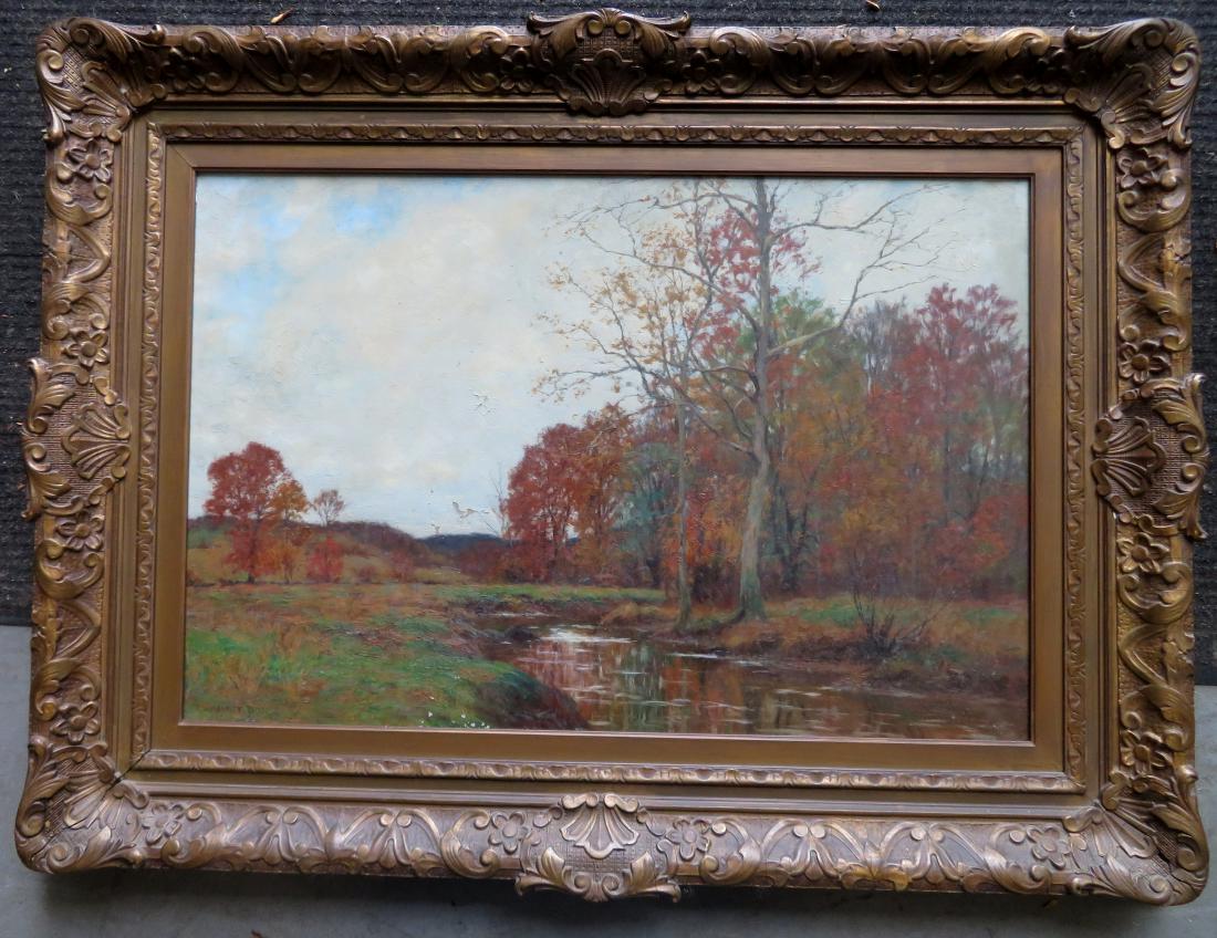 William Merrit Post, CT & NY 1856-1935. Large O/C: William Merrit Post, CT & NY 1856-1935. Large O/C Autumn landscape with trees boarding stream running through meadow with hills in background, signed W. Merrit Post. Original gilt gesso frame with gla