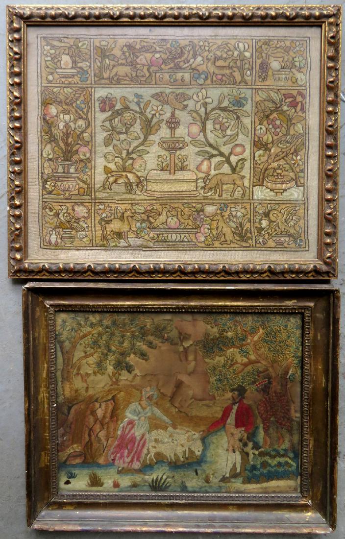 Two early framed textiles including: 1) Embroidered: Two early framed textiles including: 1) Embroidered study with garden theme including blocks decorated with flowers & vines, planters, birds, goats, horse, etc. - 19th century - original gilt gesso fr