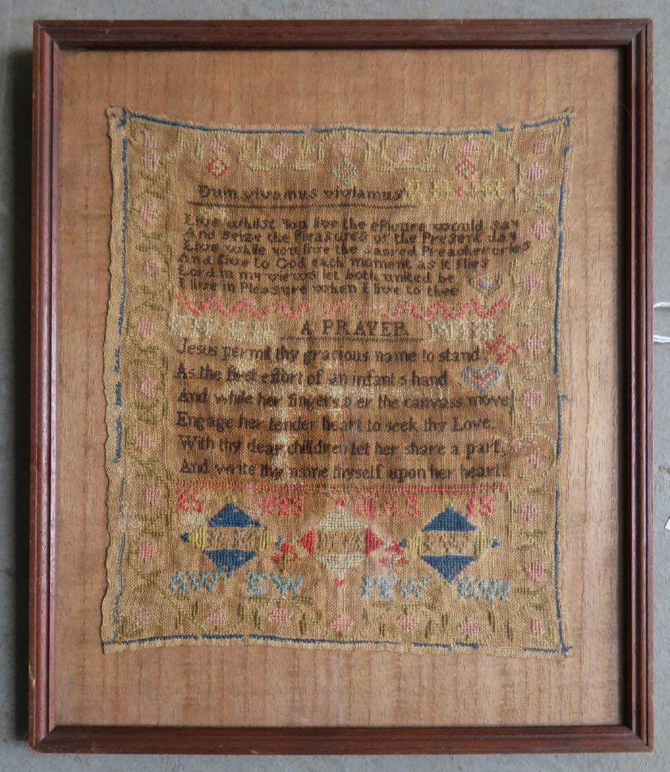 Motto and prayer sampler with versus entitled "Dum: Motto and prayer sampler with versus entitled "Dum Vivomus Vivtamus" (translates from Latin - While We Live) and "A Prayer". Sight size 10" x 11". Some staining/darkening of background fabric, else go