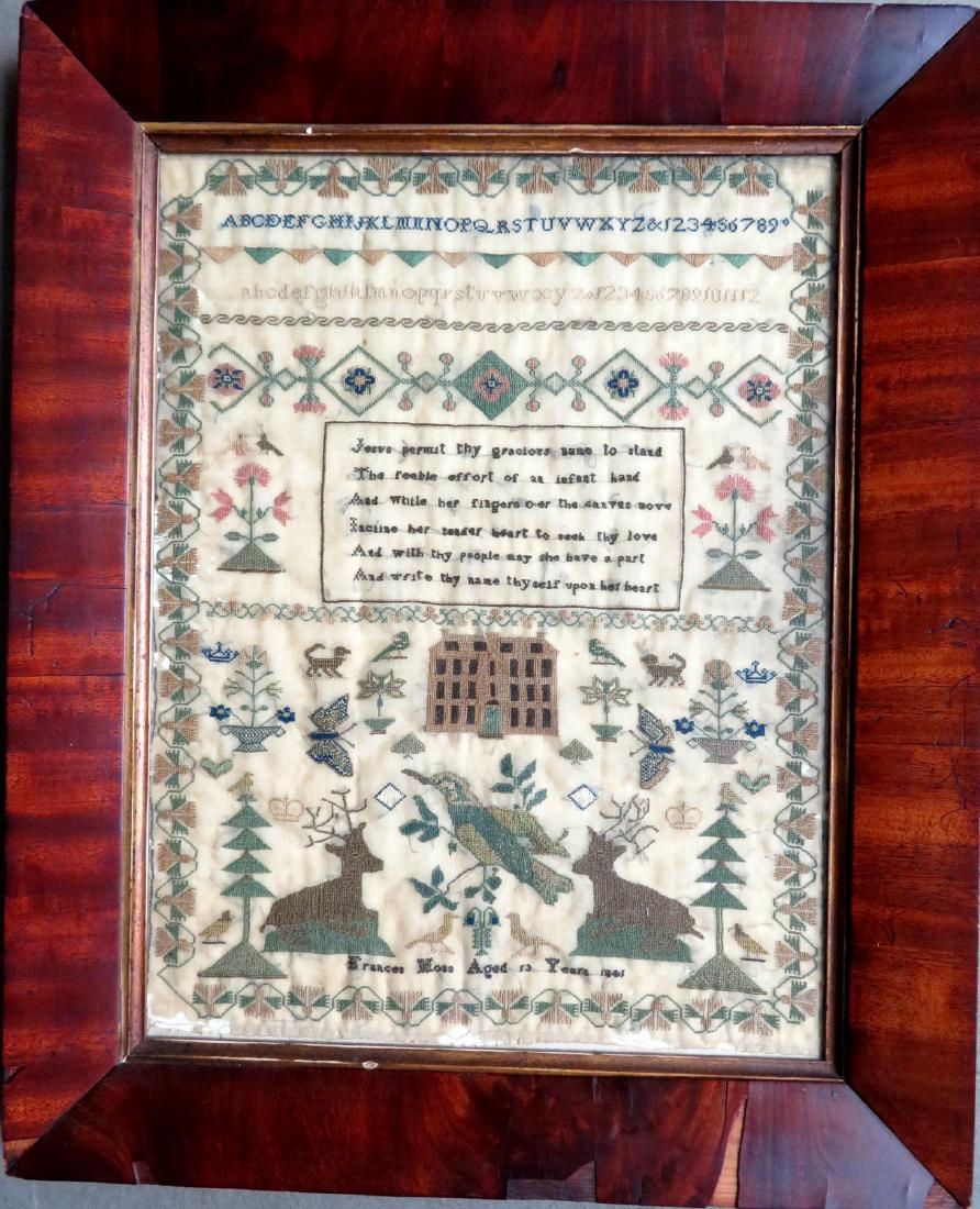 Alphabet and pictorial sampler, also with embroidered: Alphabet and pictorial sampler, also with embroidered prayer - strawberry border surrounds birds, flowers in urns, 2 large reclining deer flanking bird on branch, butterflies, crowns, dogs, etc. Signe