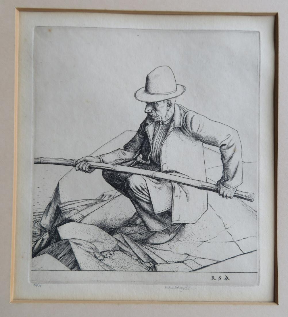 Robert Sargent Austin. Limited edition etching of: Robert Sargent Austin. Limited edition etching of fisherman signed within plate "RSA" and pencil signed Robert Austin, 30/75. 7" x 7 3/4". Matted, damaged frame, no glass. The print itself in very goo