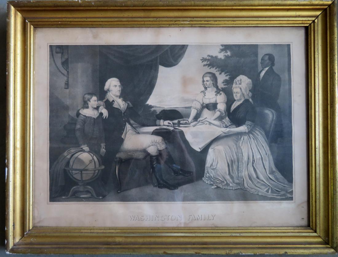 Large folio lithograph "Washington Family" in original: Large folio lithograph "Washington Family" in original lemon gold frame. The print shows a portrait of George and Martha Washington, accompanied by Washington Parke Custis and Eleanor Parke Custis wit