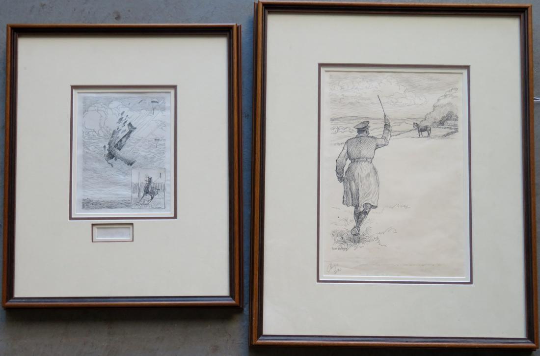 Paul Desmond Brown, NY/Minn. 1893-1958. Two military: Paul Desmond Brown, NY/Minn. 1893-1958. Two military graphite illustrations. The first depicting a military aircraft being shot down with parachutes in the background - horse polo scene also drawn bot