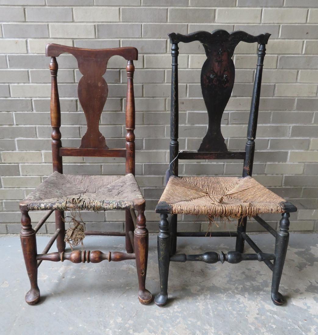 Two Queen Ann side chairs, having bulbous cross: Two Queen Ann side chairs, having bulbous cross stretchers and Dutch feet, 18th century. One in old black paint with floral painting across back splat and vines on stiles and original unaltered feet -