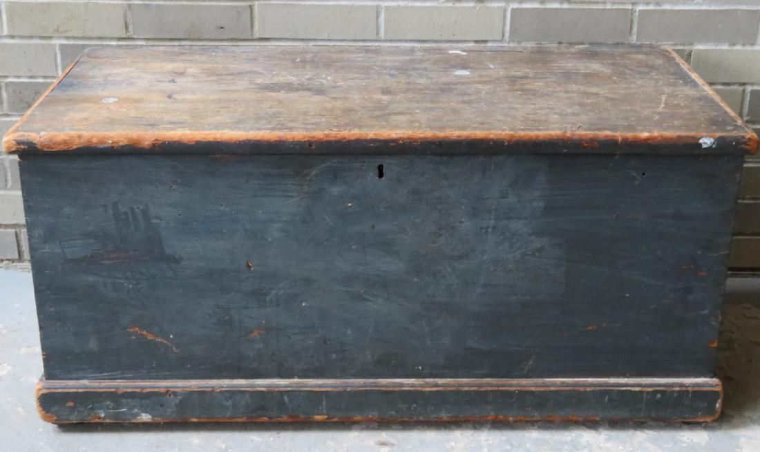 Blanket box in original blue-green paint, original: Blanket box in original blue-green paint, original molding across base and with shoe feet. The lid is loose from the base as hinge screws are missing - use wear to the top, some staining, overall good