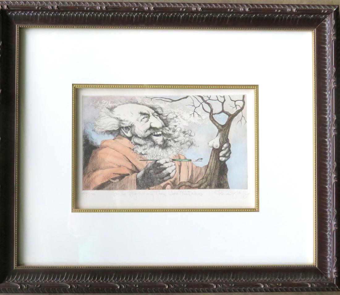 Charles Bragg, NY 1931-2017. Etching entitled "In The: Charles Bragg, NY 1931-2017. Etching entitled "In The Beginning There Were Mistakes", depicting an artist painting woman's breast on a tree - pencil signed by artist, limited edition 64/100. Professio