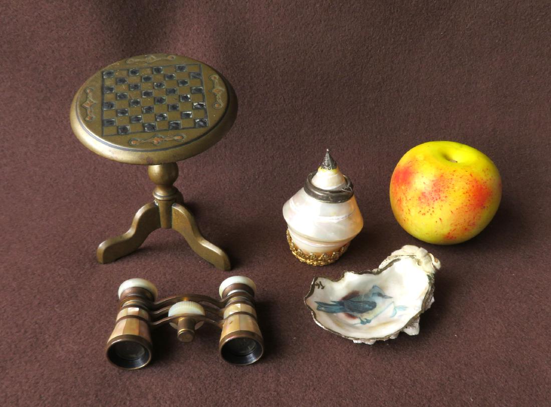 Grouping of four 19th century decorative objects: Grouping of four 19th century decorative objects including a pair of French signed "Colmont" mother-of-pearl opera glasses - very good condition, a lidded mother-of-pearl dresser jar mounted on a newe