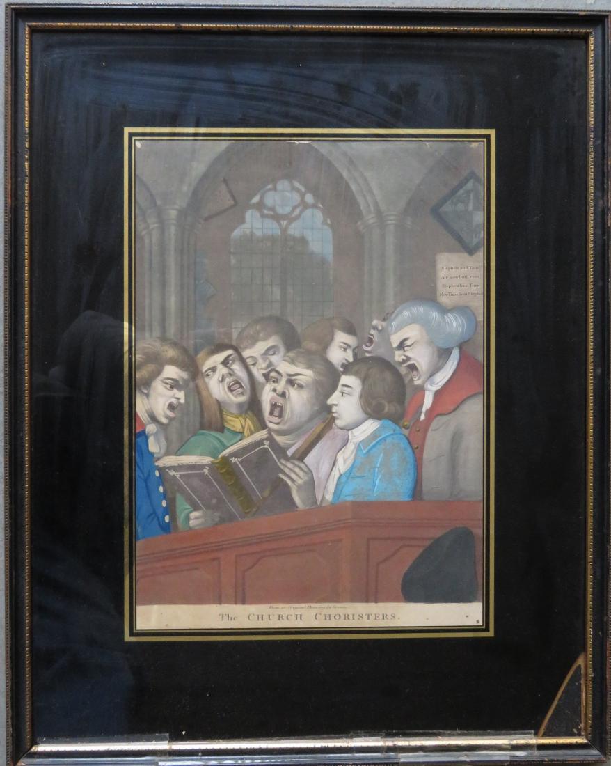 A hand colored satirical mezzotint entitled "The: A hand colored satirical mezzotint entitled "The Church Choristers" after a drawing by Grimm (Samuel Hieronymus Grimm English 1733 â€“ 1794). Note the epitaph hanging from a plaque on right wall 