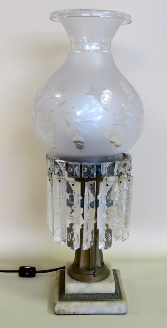 Sinumbra table lamp with etched shade and fancy brass: Sinumbra table lamp with etched shade and fancy brass column mounted on a stepped marble base, mid to late 19th century - electrified, some prisms with chips, overall very good condition. 20"H.