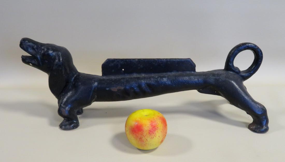 Large cast iron dachshund dog boot scraper, late 19th: Large cast iron dachshund dog boot scraper, late 19th to early 20th century. Very good condition in old black paint. 21"L x 6 5/8"W x 8"H.