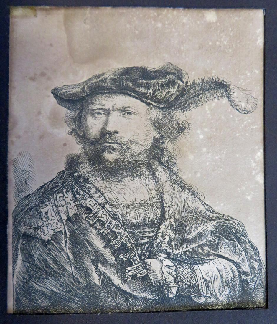 Rembrandt van Rijn (Dutch, 1606-1669). Self portrait: Rembrandt van Rijn (Dutch, 1606-1669). Self portrait etching on laid paper, circa 1630-50. Watermark on reverse side and also an illegible collector's seal in bottom right corner. Condition: The print