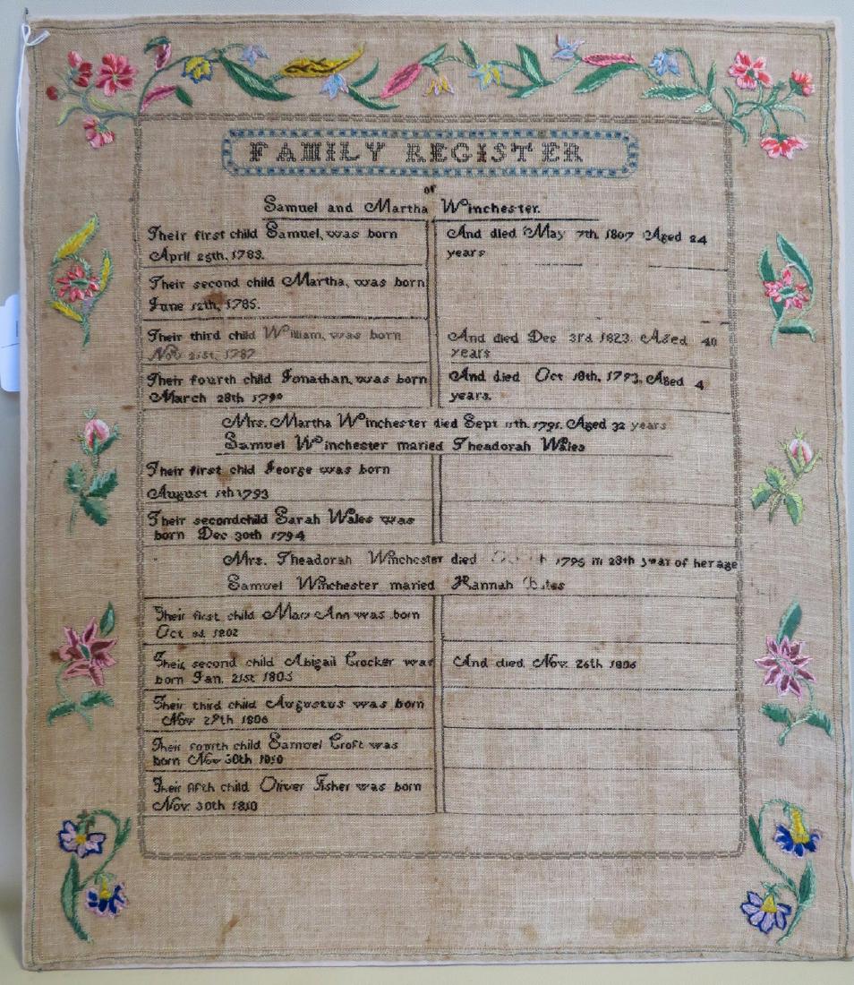 Important family register sampler for the Samuel &: Important family register sampler for the Samuel & Martha Winchester family, including one entry showing the birth of Oliver Fisher Winchester, born on Nov. 30th 1810 (Oliver is known for manufacturin