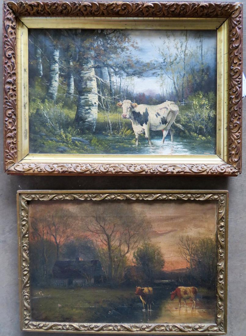Two O/C Landscapes with cows, both late 19th century.: Two O/C Landscapes with cows, both late 19th century. The first, a black and white Guernsey cow standing in a pool of water adjacent to white birch trees - stretcher size 18" x 12", frame size 21 1/2"