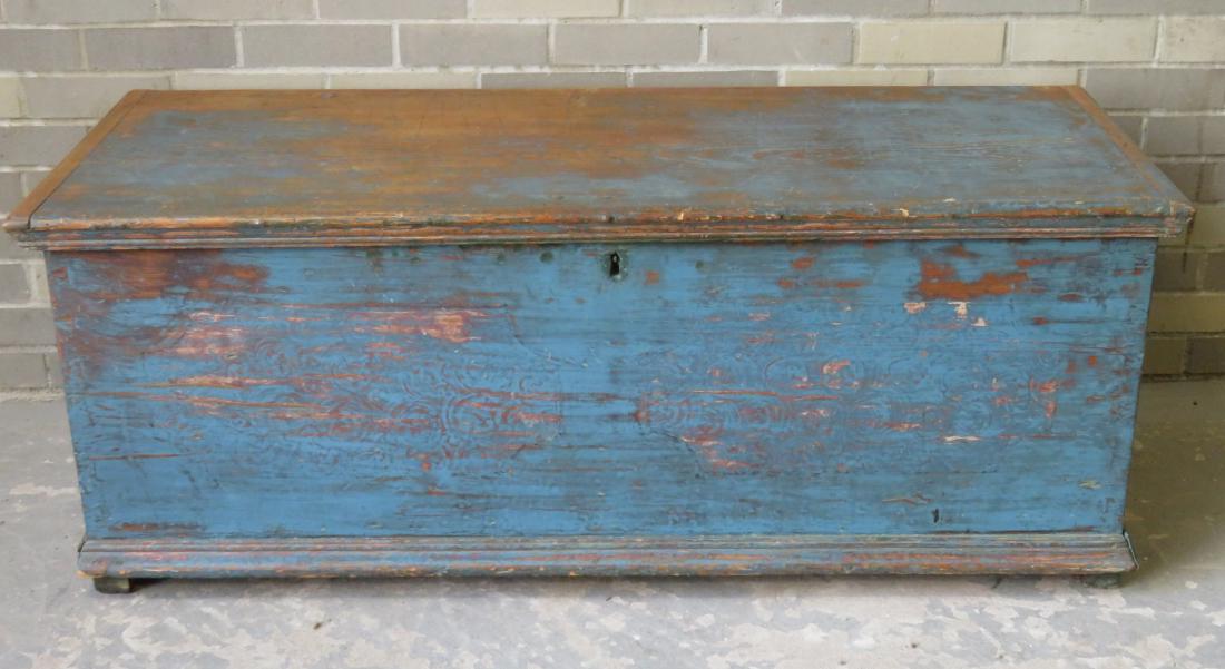 Blanket box with bottom cleats for feet, scraped down: Blanket box with bottom cleats for feet, scraped down to old blue paint - note original stenciling visible under blue. Original strap hinges still intact, but newer strap hinges have been added for ex