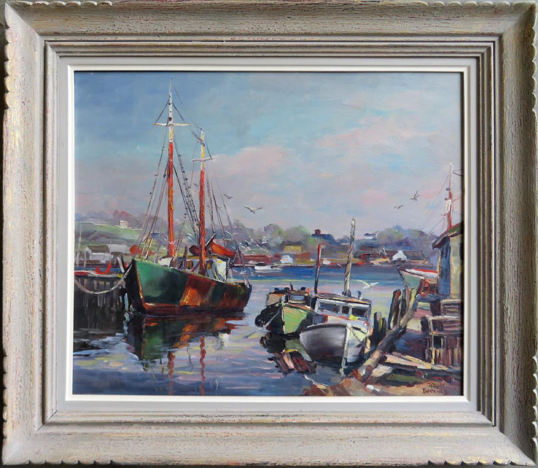 Roger Deering, Maine 1904-1980. O/C Fishing boats at: Roger Deering, Maine 1904-1980. O/C Fishing boats at harbor, Gloucester Mass., signed Roger Deering. The following information is written on stretcher "Painted at Gloucester Mass. May 1959" and also t