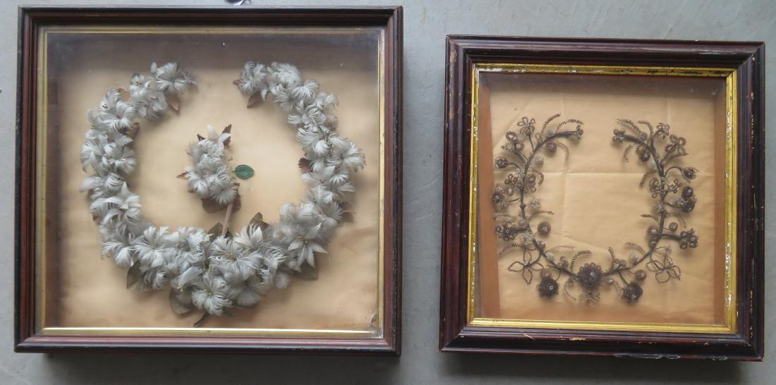 Two Victorian wreaths in original shadow box frames,: Two Victorian wreaths in original shadow box frames, including a hair wreath mounted in an ebonized frame with gold inset -sight size 11" x 12" and frame size 18" x 18"; and a feather wreath mounted i