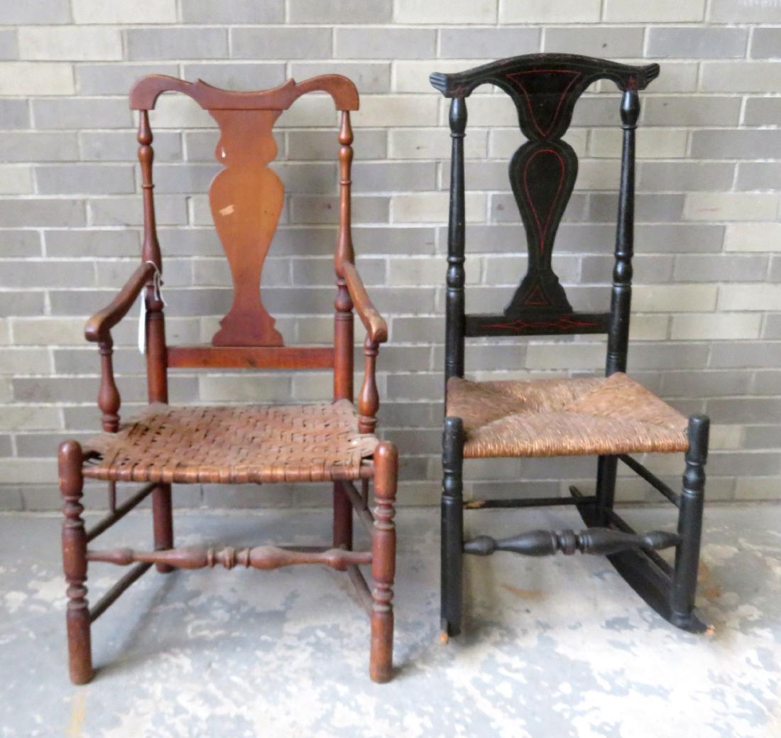 Country Queen Anne maple side chair with hoop skirt: Country Queen Anne maple side chair with hoop skirt arms and original woven cane seat and what appears to be original natural finish, together with a Queen Ann rocking chair with unusual fluted ears i