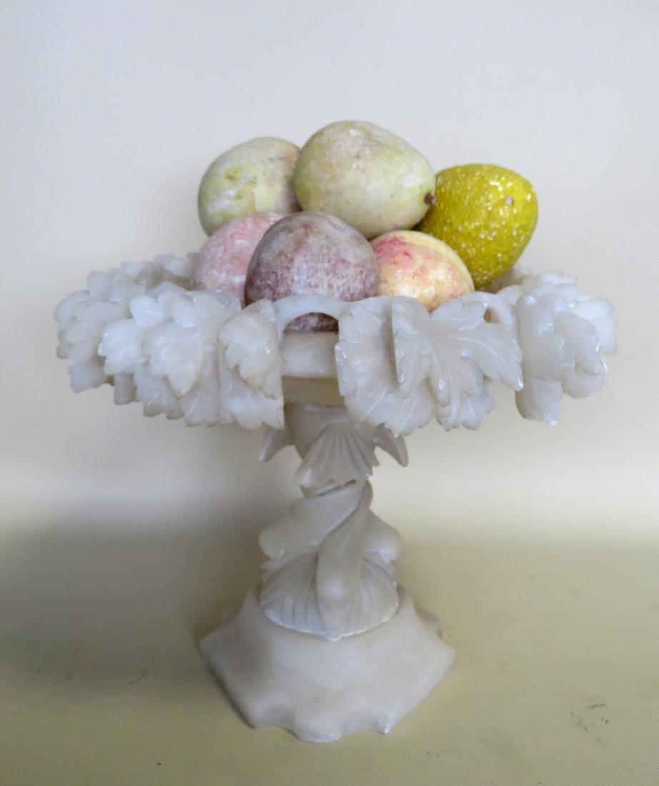 Seven piece of hand painted stone fruit - all in very: Seven piece of hand painted stone fruit - all in very good original condition, together with an alabaster footed pedestal decorated with leaves and grapes around perimeter - pedestal size 11"W x 8 1/2