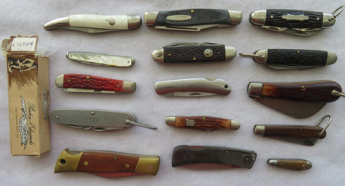 Grouping of 16 pocket knives including Camillus with: Grouping of 16 pocket knives including Camillus with bone handle, Imperial decorated with an applied fish on the handle, Case, Camillus Sword Brand - hand made, other Camillus knives, US military, She