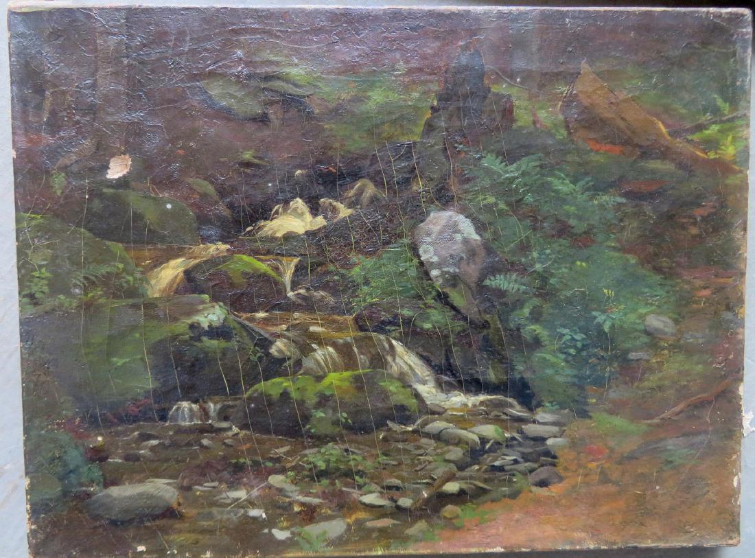 Adah Clifford Murphy, NY 1859-1949. O/C Catskill: Adah Clifford Murphy, NY 1859-1949. O/C Catskill mountain landscape with brook cascading down mountain, 19th century. Not framed - stretcher size 16" x 12". Signed on stretcher "A. C. Murphy / Arkvill