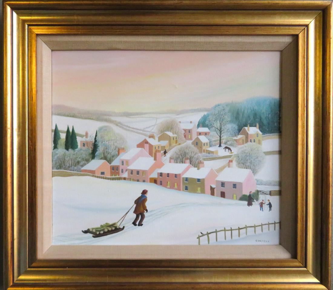Pamela Cornell (UK 1928-1987). O/C folk art winter: Pamela Cornell (UK 1928-1987). O/C folk art winter landscape with man pulling sled down hill leading to town, signed Cornell LL. Also signed and inscribed on reverse "Bringing Back the Logs, Pamela Co