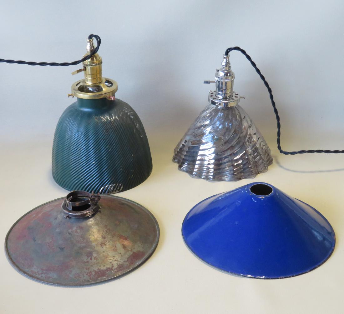 Four vintage industrial shades/lighting devices: Four vintage industrial shades/lighting devices including: A signed X-ray No. 570 ceiling fixture with painted green exterior and silver interior - While the shade is circa 1920-30, the fixture is new