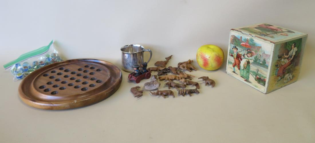 Grouping of kids toys including a complete set of: Grouping of kids toys including a complete set of stackable lithograph Victorian blocks (11 blocks ranging in size from 1 1/4" square to 5 1/4" square x 5 1/4"H - the largest block with small section