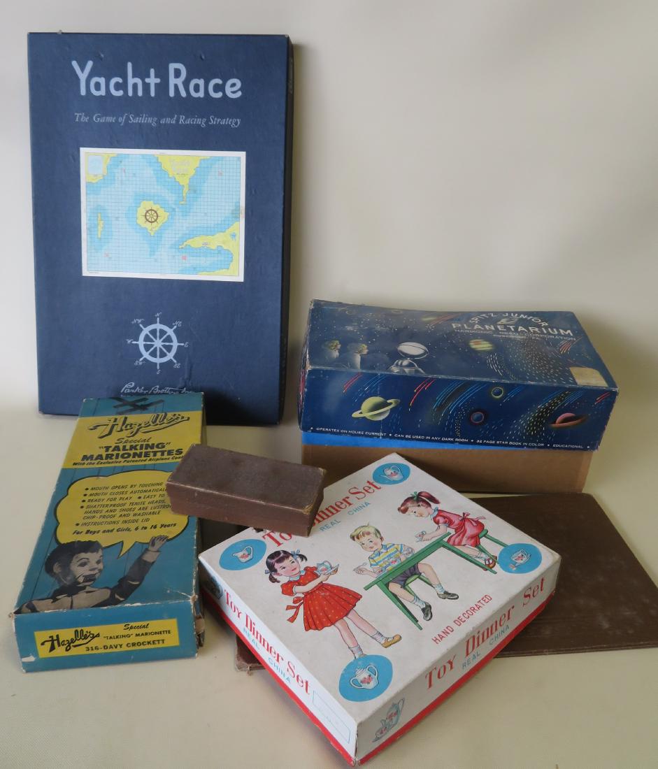 Grouping of 5 vintage games/toys including: Hazelle's: Grouping of 5 vintage games/toys including: Hazelle's special "Talking" Marionettes in original box - #316 Davy Crockett - puppet appears unused but strings tangled, box with slight wear; Toy Dinner S