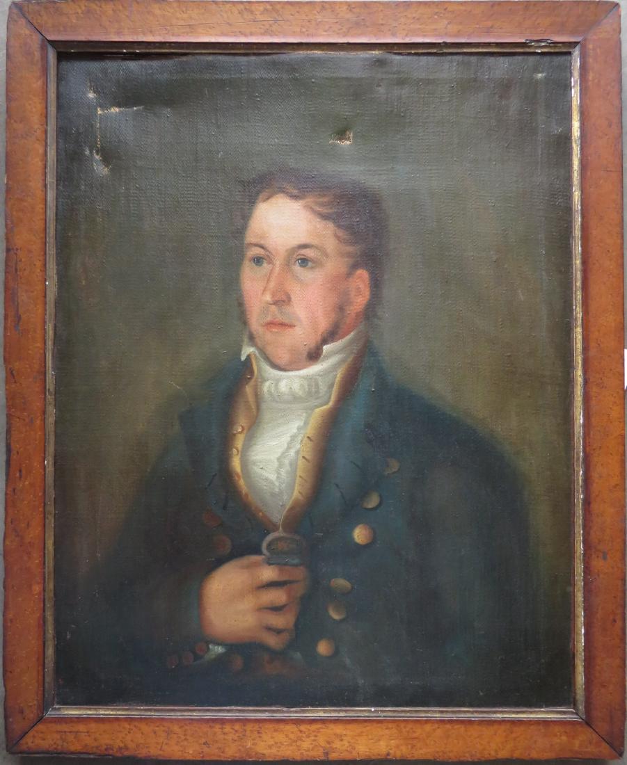 American oil portrait of a gentleman on burlap, early: American oil portrait of a gentleman on burlap, early 19th century - bird's eye maple frame appears to be original; stretcher size 24" x 30 1/4", frame size 28" x 34 1/4". Condition: several small tea