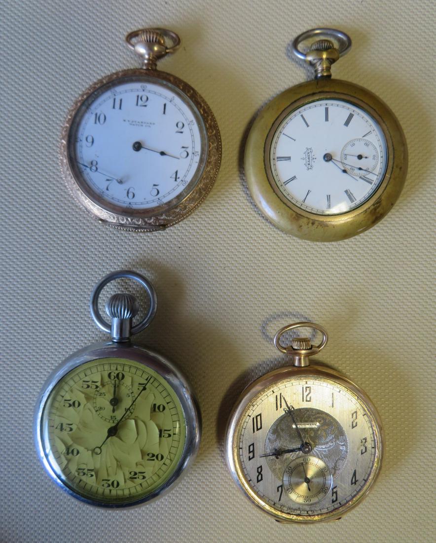 Three vintage pocket watches and 1 stop watch: Three vintage pocket watches and 1 stop watch including: NY Standard Pocket Watch Co. with open face, gold filled warranted 10 years - hour hand is loose behind crystal else good condition; Hallmark w